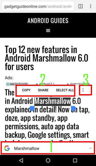 use advanced features in Android Marshmallow text selection