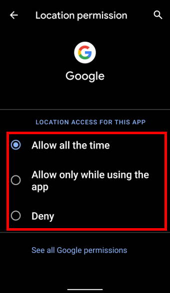 Android 10 location access control page