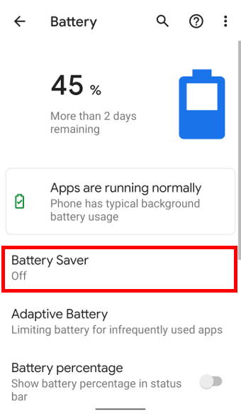 Android 10 Battery page
