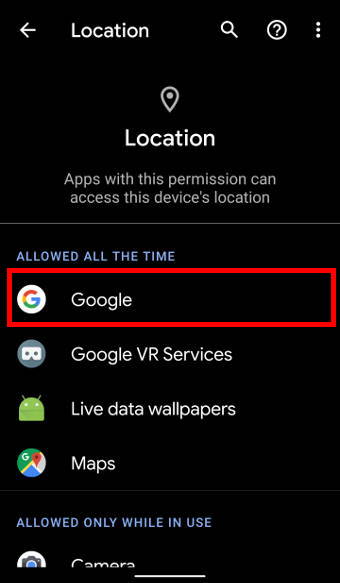 Android 10 location access page