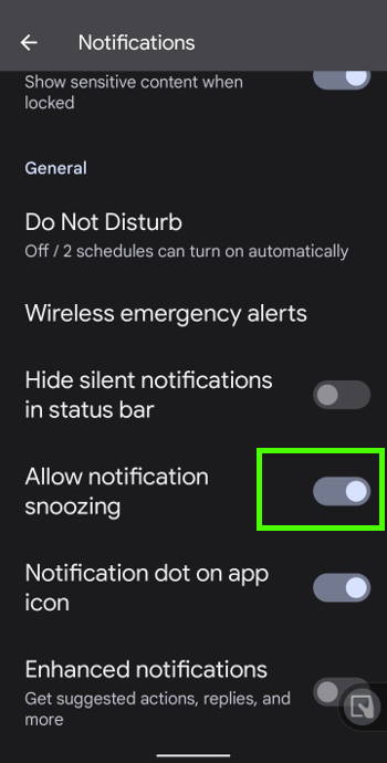 enable notification snoozing in Android 12