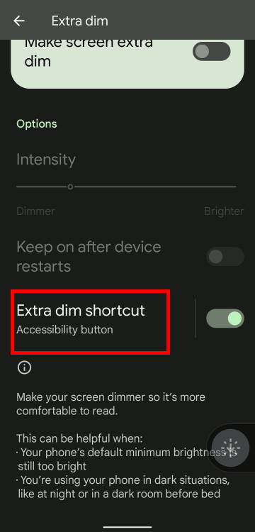 Extra Dim shortcut settings