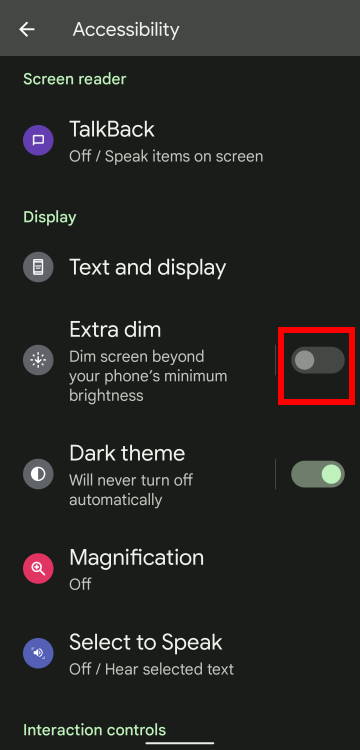 enable or disable extra dim in android 12 settings