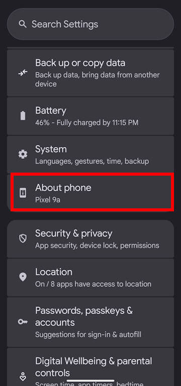 Android 15 about phone