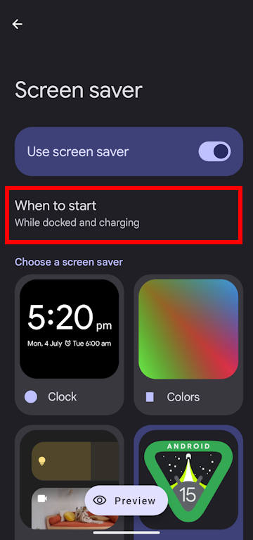 Android 15: when to start screen saver