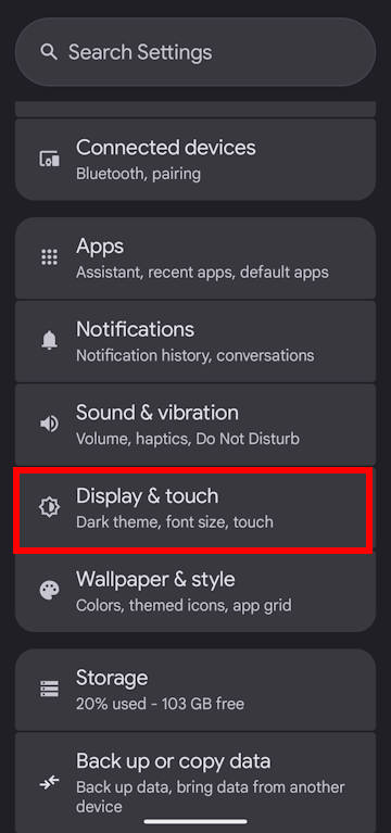 Android 15 settings --display and touch