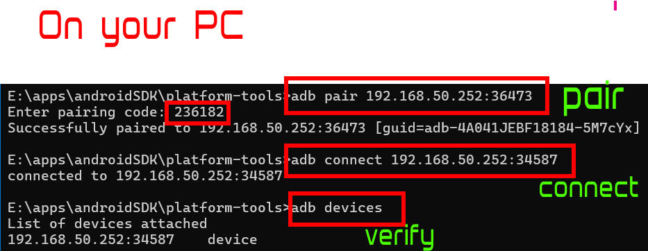 ADB commands for pairing and connection