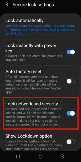 disable WiFi or mobile data on Galaxy S10 lock screen
