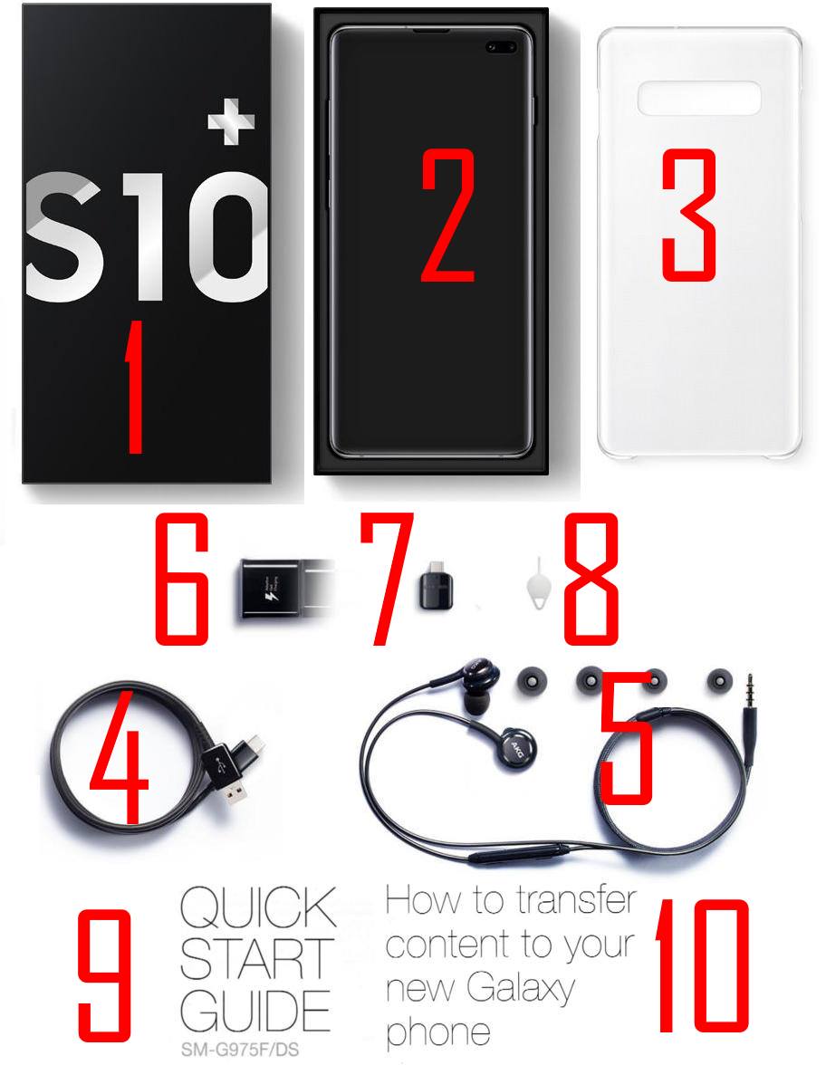 What are the items of Galaxy S10 box contents?