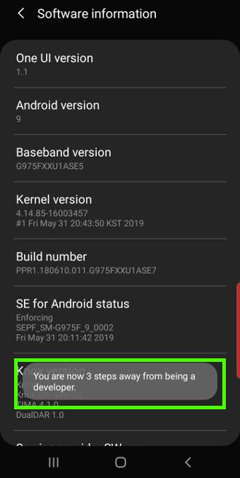 unhide and hide developer options on Galaxy S10
