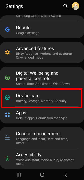 Galaxy S20 Settings--device care