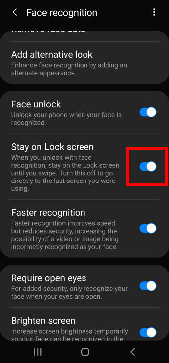unlock Galaxy S20 to Home screen directly (without swiping on Galaxy S20 lock screen) with face recognition: turn off stay on lock screen
