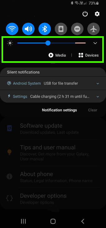 show brightness control on Galaxy S20 notification panel