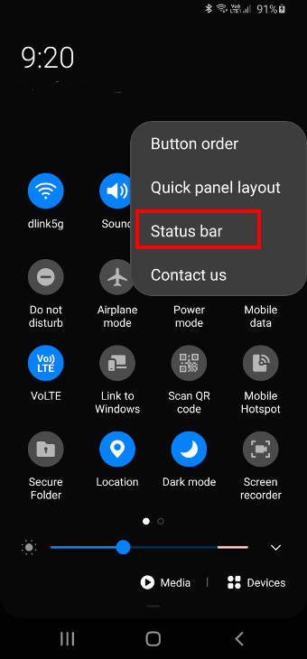  customize notification icon style in Galaxy S20 status bar: quick settings menu