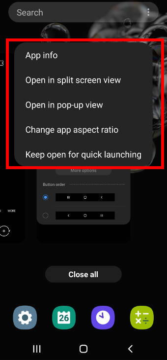 launch apps in the pop-up view or split-screen view in Galaxy S20 Recents screen