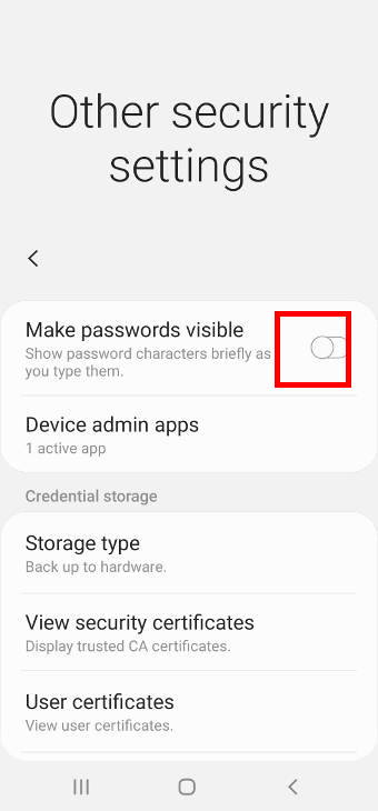 hide password on Galaxy S20 when typing it: enable or disable