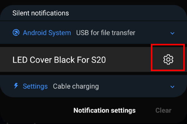 Galaxy Friends settings page for Galaxy S20 LED cover from the notification panel