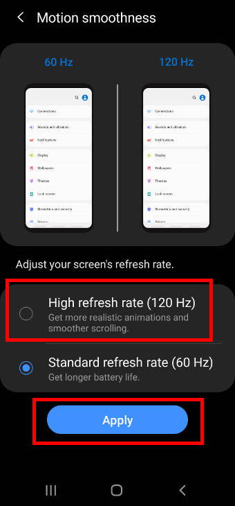 set the Galaxy S20 display refresh rate