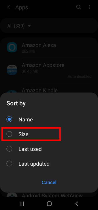sort apps by size