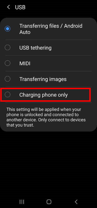 change the default USB configuration in Galaxy S20 developer options