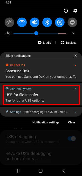 USB configuration in notification panel