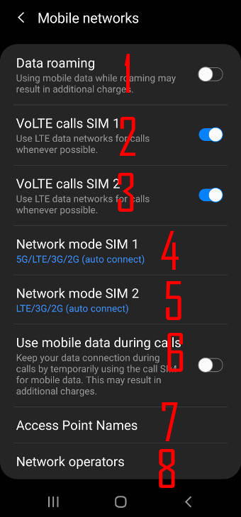 mobile network settings on Galaxy S20