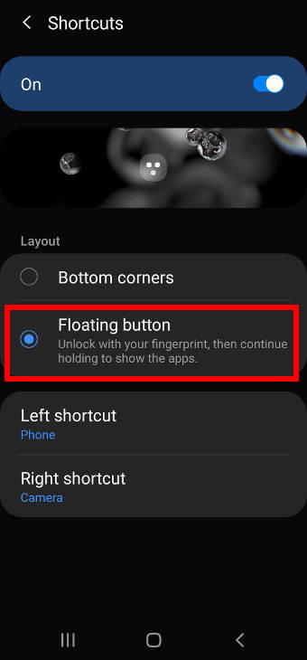 use the floating button for app shortcuts on Galaxy S20 lock screen
