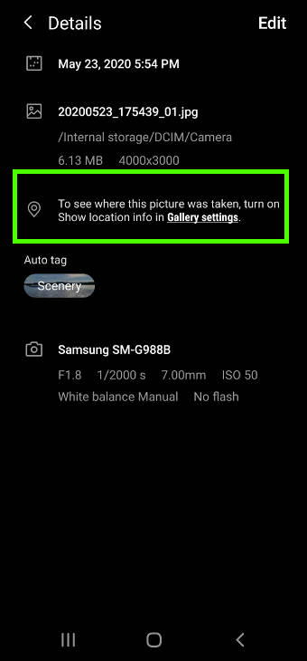 hide location info when sharing photos on Galaxy S20: using Samsung Gallery app