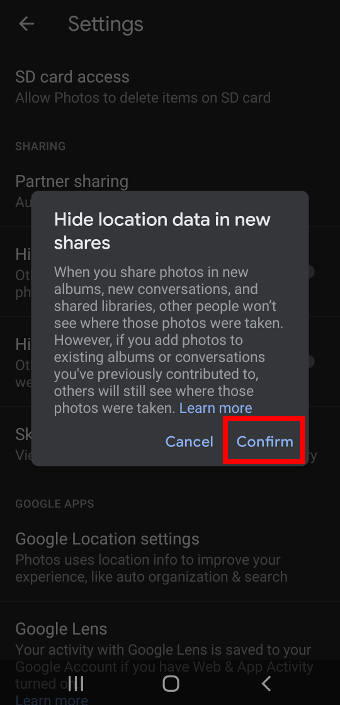 remove location info when sharing photos on Galaxy S20: using Google Photos