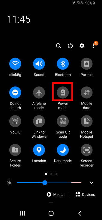 power mode button in Galaxy S20 quick settings