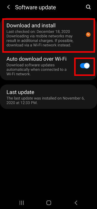 update Galaxy S20 to Android 11: check for update
