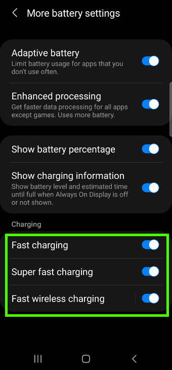 charge Galaxy S21 battery: disable fast charging