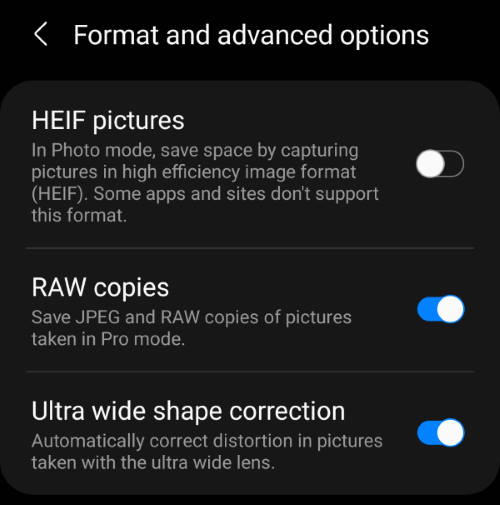 Galaxy S21 camera settings: file formats