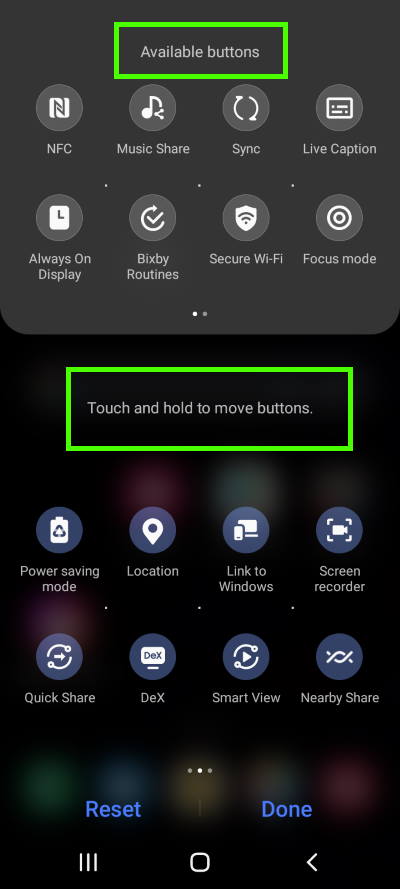 add and remove buttons to Galaxy S21 quick settings panel