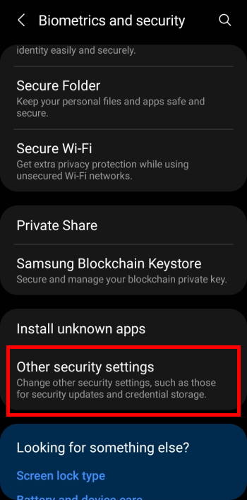 Galaxy S21 other security settings