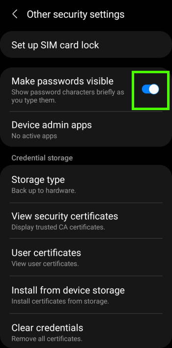 hide Galaxy S21 password and PIN