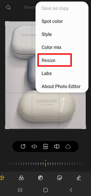 resize photo size on Galaxy phones: photo editor menu