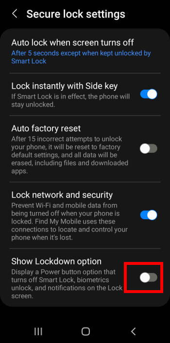 Enable show Lockdown option on Galaxy S22 Power-off menu.