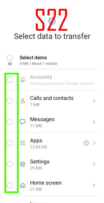 select data to be transferred to Galaxy S22