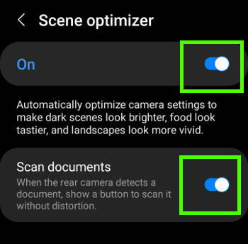 Galaxy S22 camera settings: scene optimizer