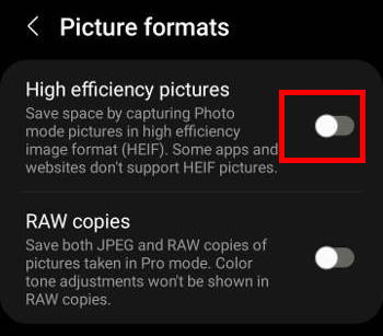 Galaxy S22 camera settings: picture format