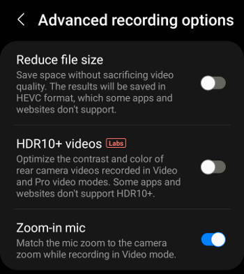Advanced recording options in Galaxy S22 camera settings