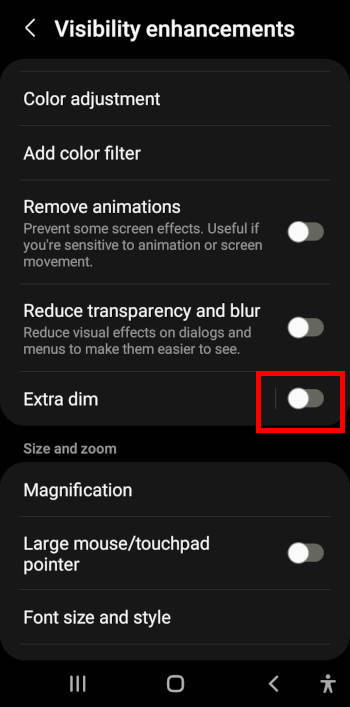 enable and disable Extra Dim on Galaxy S22 settings