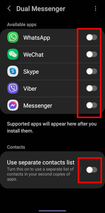 Dual Messenger settings page