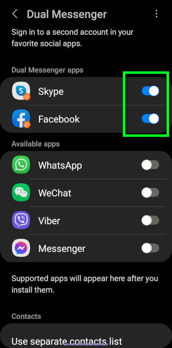 list of apps with Dual Messenger on Galaxy S22 enabled