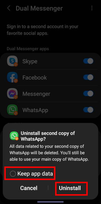 uninstall the second copy of dual messenger apps from dual messenger settings