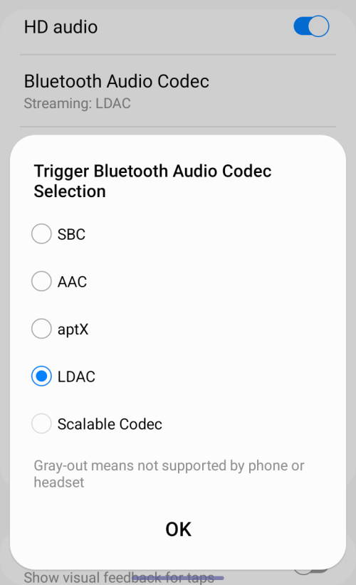 HD audio and other Bluetooth settings in Galaxy S22 developer options