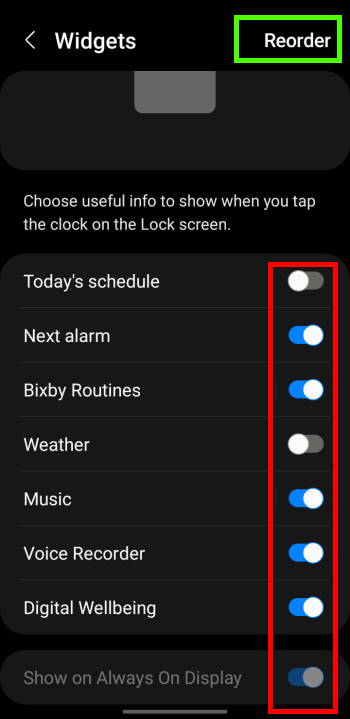 settings for widgets on Galaxy S22 lock screen