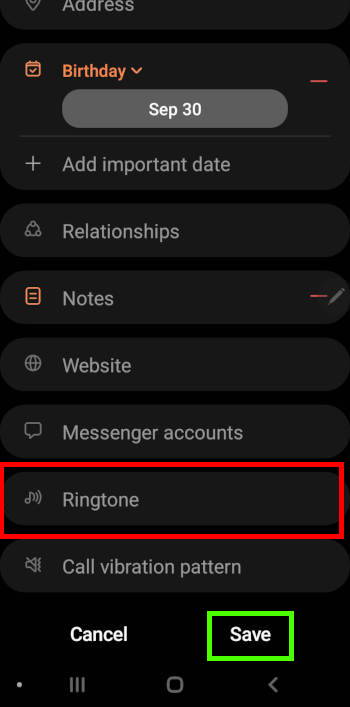 ringtone settings for a contact