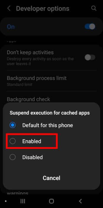 enable Suspend Execution for Cached Apps 